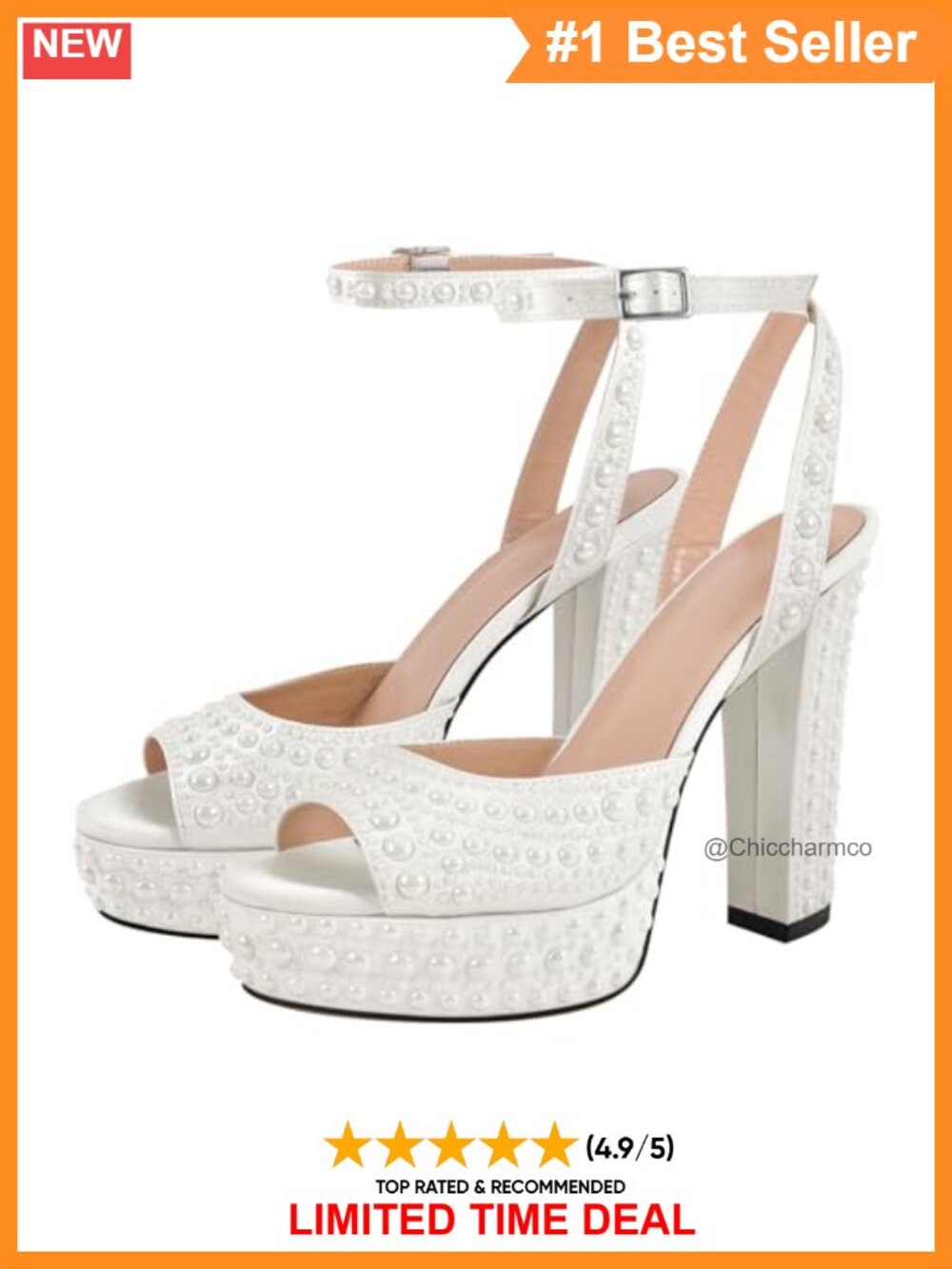 Platform Pearl Chunky Heel Wedding Sandals Ankle Strap Buckle Open Toe